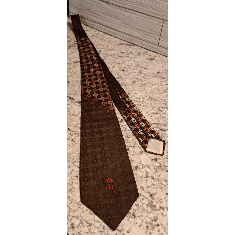 Vintage Countess Mara Brown Tie | 1970s Geometric Print